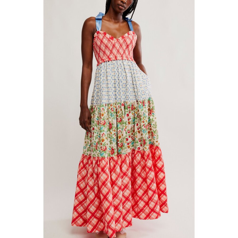 Free People Multicolor Tiered Maxi Dress with Blue Shoulder Ties